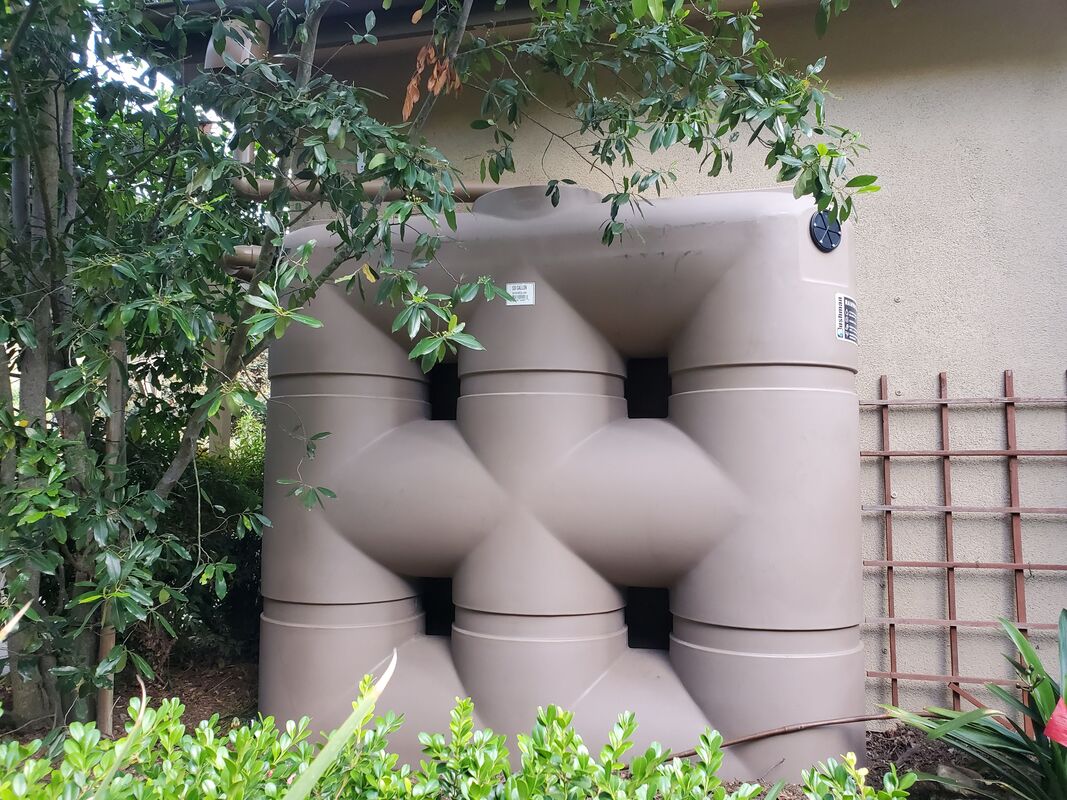 Tan 530 gallon slimeline Bushman rainwater harvesting tank attached to roof for collection next to house wall nestled behind foliage